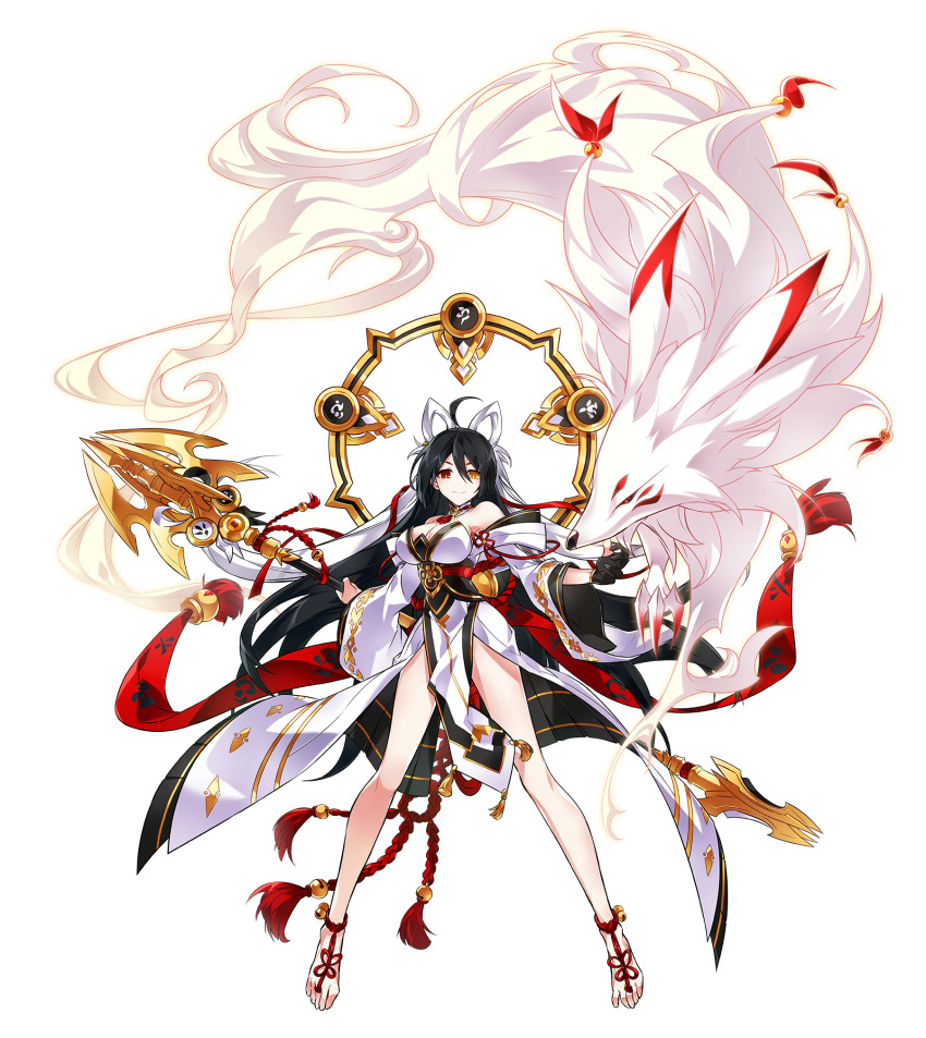 1girl animal_ears anklet ara_haan artist_request bare_legs black_gloves black_hair breasts choker cleavage closed_mouth dress elsword eun_(elsword) fox fox_ears full_body gloves hair_between_eyes heterochromia highres holding holding_polearm holding_weapon hwansang jewelry large_breasts legs long_hair looking_at_viewer multicolored_hair official_art partially_fingerless_gloves polearm red_eyes shakti_(elsword) single_glove smile solo spear tachi-e tassel transparent_background two-tone_hair weapon white_dress white_hair yellow_eyes