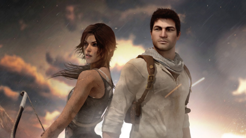 1boy 1girl bow_(weapon) brown_eyes brown_hair crossover dirty epic highres jewelry lara_croft long_hair nathan_drake naughty_dog necklace rain realistic scar scarf short_hair sky tank_top tomb_raider tomb_raider_(reboot) uncharted weapon