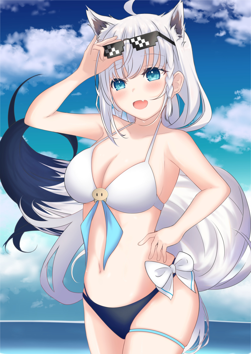1girl absurdres ahoge alternate_costume animal_ear_fluff animal_ears arm_up bikini blue_eyes blush braid breasts cleavage collarbone eyewear_on_head fox_ears fox_girl fox_tail hand_on_own_hip highres holding holding_removed_eyewear hololive large_breasts long_hair navel open_mouth shirakami_fubuki side_braid smile stomach swimsuit tail tukimotii unworn_eyewear virtual_youtuber white_bikini white_hair