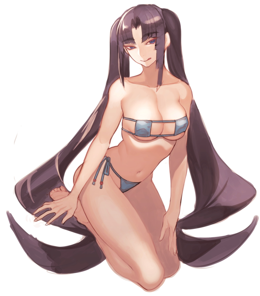 1girl alternate_hairstyle bad_id bad_pixiv_id bare_shoulders barefoot bikini blue_bikini blue_eyes breasts cleavage collarbone eyepatch_bikini fate/grand_order fate_(series) female_focus full_body highres kneeling legs legs_together long_hair medium_breasts micro_bikini musashibou_benkei_(fate) naughty_face navel purple_hair rokkotsu side-tie_bikini_bottom solo strapless strapless_bikini swimsuit twintails underboob very_long_hair white_background