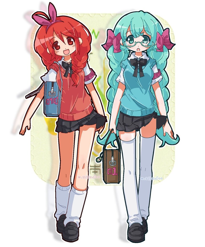 2girls ahoge alternate_costume alternate_hairstyle armband arms_at_sides bag black_bow black_bowtie black_skirt black_thighhighs blue_bag blue_eyes blue_hair bow bowtie braid breasts brown_bag floating_clothes full_body glasses hair_bow handbag hatsune_miku highres jaggy_lines kasane_teto leaning_to_the_side long_hair looking_at_viewer miniskirt multiple_girls open_mouth pink_bow red_eyes red_hair red_wetsuit semi-rimless_eyewear shadow shirt shirt_under_sweater shoulder_bag skirt small_breasts standing straight-on thea_(w_alladoo) thighhighs twin_braids twintails under-rim_eyewear utau very_long_hair vocaloid walking watermark white_shirt