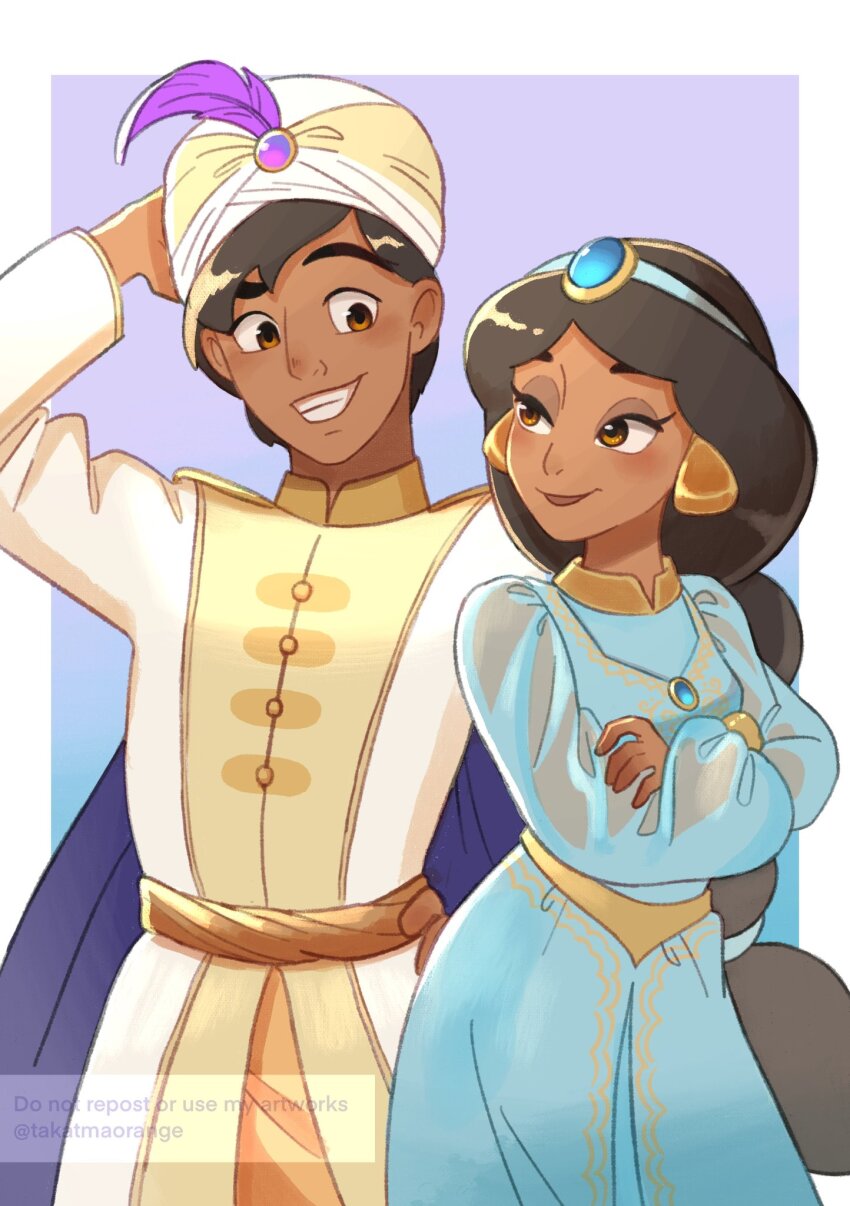 1boy 1girl aladdin_(disney) aladdin_(movie) arabian_clothes black_hair breasts brown_eyes brown_hair cleavage dark-skinned_female dark_skin earrings highres jasmine_(disney) jewelry long_hair off_shoulder pants smile takatmaorange very_long_hair