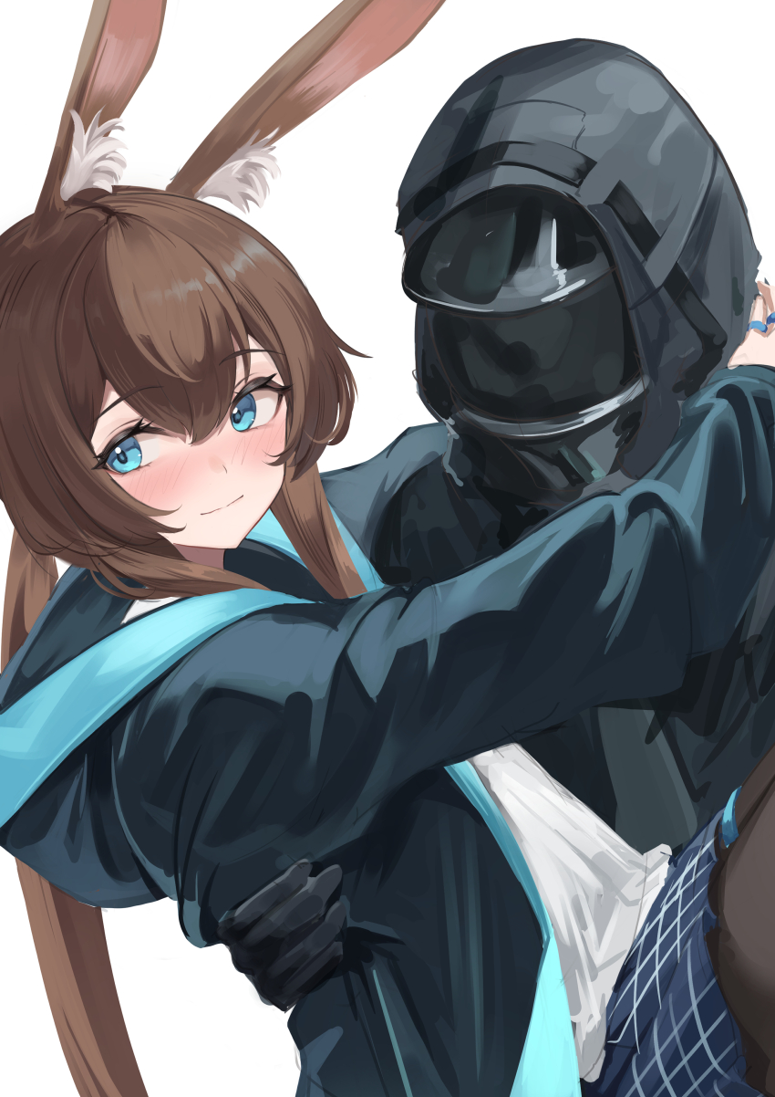 1girl 1other absurdres amiya_(arknights) animal_ears arknights arms_around_neck black_jacket black_pantyhose blue_eyes blush brown_hair carrying carrying_person closed_mouth commentary doctor_(arknights) hair_between_eyes highres hood hood_down hood_up hooded_jacket jacket long_hair pantyhose princess_carry remapack77 sidelocks simple_background smile white_background