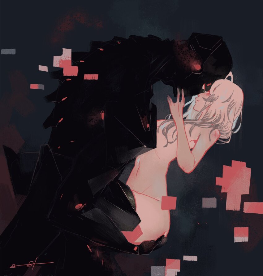 1girl 1other ai-generated_art_(topic) android blonde_hair commentary completely_nude english_commentary from_side glitch hand_on_another&#039;s_ass hand_on_another&#039;s_chin highres long_hair looking_at_another navel nude original red_eyes sarah_stone signature
