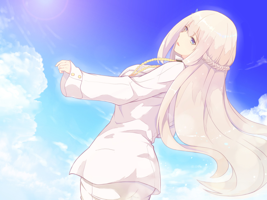 1girl blue_eyes braid breasts cloud day female_focus french_braid from_behind grey_hair hair_ornament highres jacket large_breasts lexington_(warship_girls_r) long_hair long_sleeves military military_uniform open_mouth short_shorts shorts sidelocks sky solo very_long_hair warship_girls_r white_jacket white_shorts xiao_shei..