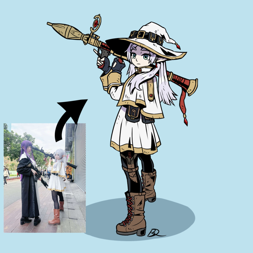boots commentary elf english_commentary fingerless_gloves frieren gloves green_eyes gun hat highres kabewski long_hair looking_at_viewer pantyhose photo-referenced photo_inset pointy_ears pouch rocket_launcher rpg rpg-7 rpg_(weapon) shadow simple_background sousou_no_frieren trigger_discipline twintails weapon white_hair witch_hat