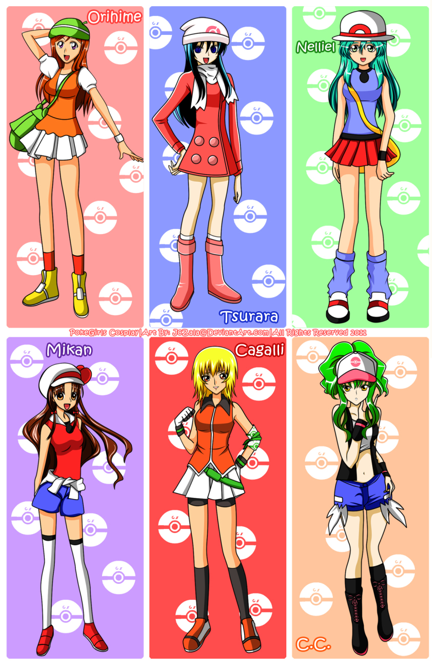 10s 2011 6+girls alternate_costume bianca_(pokemon) bianca_(pokemon)_(cosplay) bleach blue_(pokemon)_(cosplay) blue_eyes c.c. cagalli_yula_athha code_geass cosplay dawn_(pokemon) dawn_(pokemon)_(cosplay) english_text green_(pokemon) green_eyes gs_ball gundam gundam_seed gundam_seed_destiny hat highres inoue_orihime jczala leaf_(pokemon) leaf_(pokemon)_(cosplay) lyra_(pokemon) lyra_(pokemon)_(cosplay) may_(pokemon) may_(pokemon)_(cosplay) multiple_girls nelliel_tu_odelschwanck nintendo nurarihyon_no_mago orange_eyes poke_ball pokemon pokemon_hgss purple_eyes to_love-ru watermark yellow_eyes yuki_onna_(nurarihyon_no_mago) yuuki_mikan