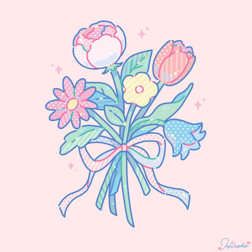 artist_name blue_flower bow flower flower_focus highres hiro046k leaf no_humans original peony_(flower) pink_background pink_bow pink_flower red_flower red_tulip screentones simple_background still_life tulip yellow_flower