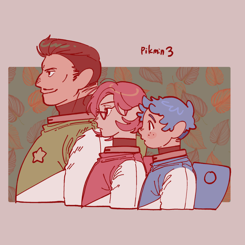 1girl 2boys alph_(pikmin) backpack bag black_eyes black_shirt blue_bag blue_hair blush_stickers boots brittany_(pikmin) brooch brown_boots brown_hair charlie_(pikmin) closed_mouth copyright_name cropped_torso expressionless eyelashes facial_hair freckles glasses green_background green_bag happy height_difference highres humanization jewelry leaf leaf_background lineup looking_ahead messy_hair mohawk multiple_boys mustache nintendo no_headwear parted_lips pikmin_(series) pikmin_3 pink_bag pink_hair pointy_nose red-framed_eyewear shirt short_hair sideburns smile spacesuit star_brooch triangular_eyewear turtleneck turtleneck_shirt two-tone_background yu_pikmin