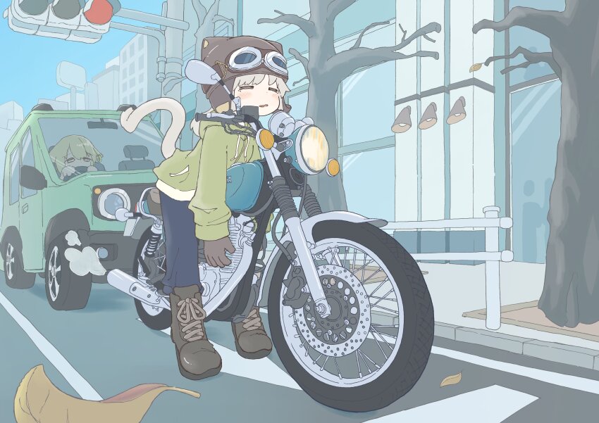 2girls absurdres bare_tree blonde_hair boots brown_boots brown_gloves building car cat_ear_helmet cat_girl commentary day denim driving full_body gloves goggles goggles_on_headwear green_car green_hoodie highres hood hoodie jeans leaf motor_vehicle motorcycle multiple_girls new_amool on_motorcycle original outdoors pants red_light road standing street tail_raised traffic traffic_barrier traffic_light tree vehicle_focus winter yamaha