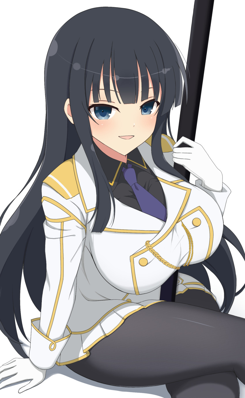 1girl aiguillette black_hair black_pantyhose black_shirt blue_eyes blue_necktie blunt_bangs breasts crossed_legs epaulettes gold_trim highres ikaruga_(senran_kagura) large_breasts long_hair looking_at_viewer manjou_(q_tiwj) military military_uniform necktie ootachi open_mouth pantyhose senran_kagura shirt solo very_long_hair