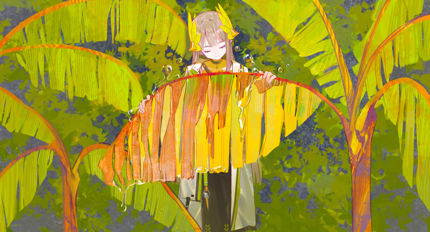 1girl absurdres arknights banana_leaf brown_hair choker closed_eyes closed_mouth coat elf facing_down green_theme highres laurel_crown leaf long_hair lyuqiu mole mole_under_eye muelsyse_(arknights) open_clothes open_coat outdoors pointy_ears solo straight-on very_long_hair white_coat