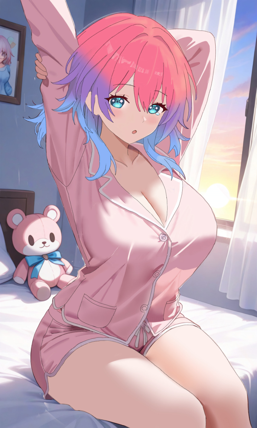 1girl absurdres arms_up bed bedroom blue_eyes blue_hair blush breasts highres kuon_(monster_strike) medium_breasts monster_strike multicolored_hair pajamas pink_hair sitting thighs two-tone_hair user_upvx8835