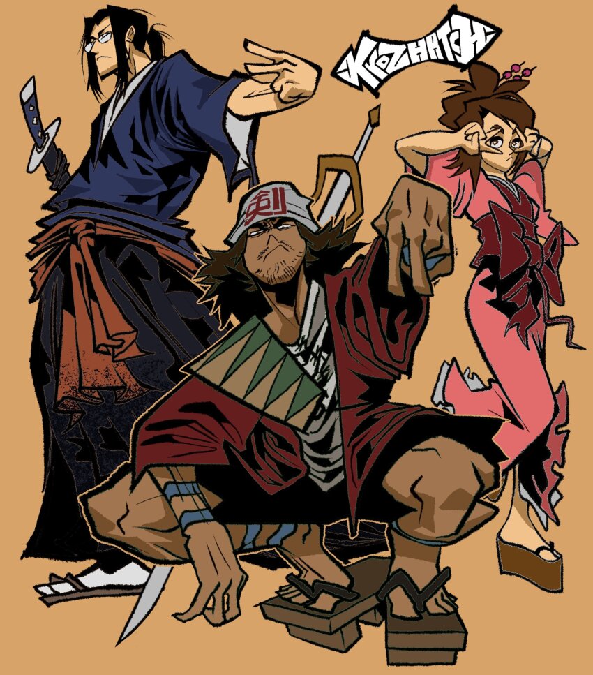 1girl 2boys beard_stubble black_hair blue_kimono brown_hair double_v facial_hair full_body fuu_(samurai_champloo) geta glasses hair_bun hakama hat highres japanese_clothes jinnosuke kimono krozhatch looking_at_viewer mugen_(samurai_champloo) multiple_boys obi okobo orange_background pink_kimono platform_sandals ponytail red_sash samurai_champloo sandals sash shorts sidelocks simple_background squatting stubble v