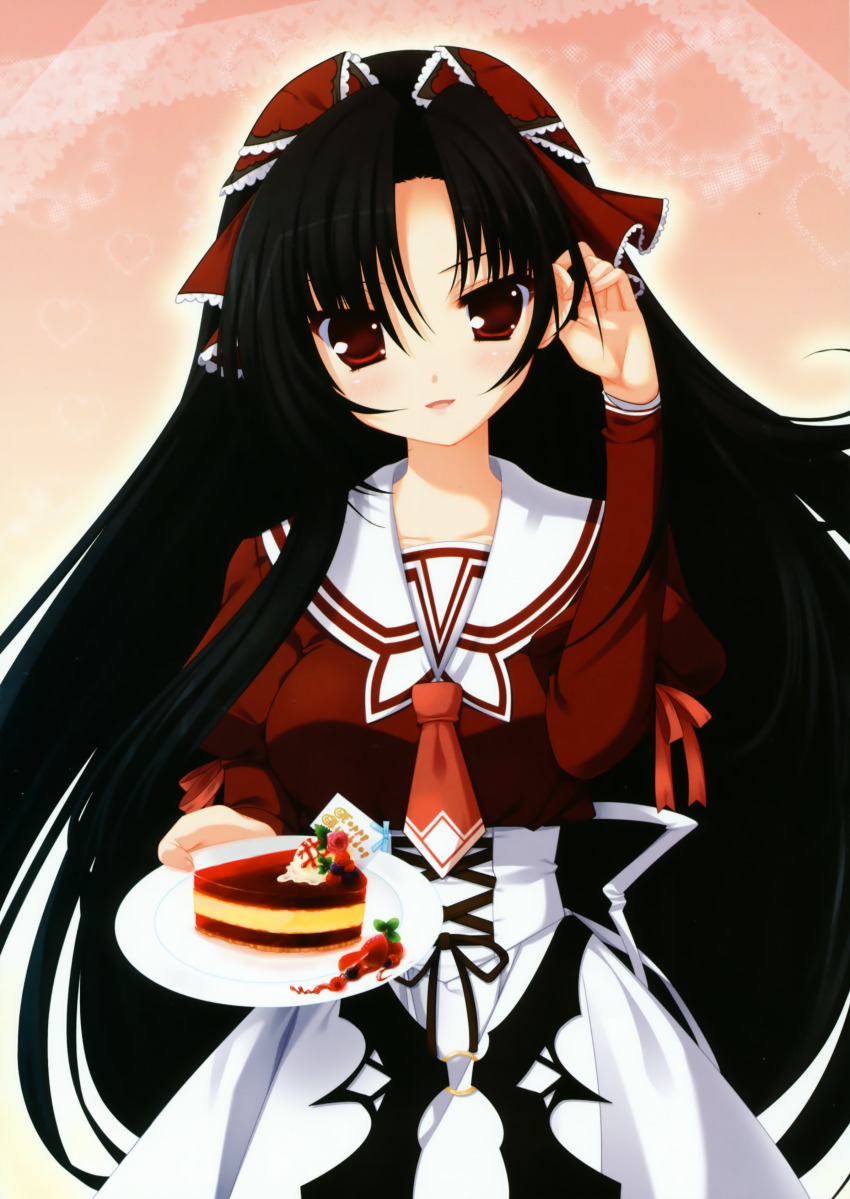 00s 11eyes absurdres black_hair cake food highres kuroshiba_kanae long_hair pastry red_eyes solo youta
