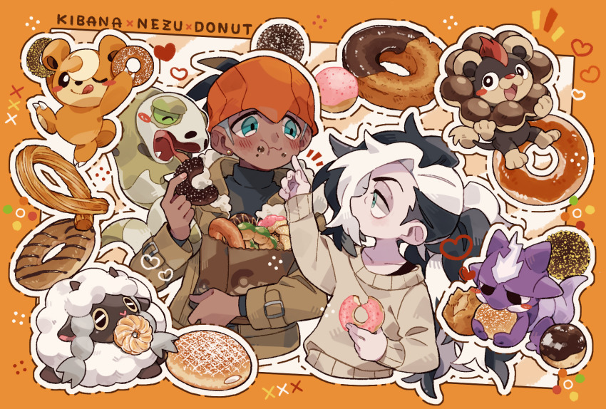 2boys :t alternate_costume bag black_hair blush border brown_coat character_name closed_mouth coat collarbone commentary_request dark-skinned_male dark_skin donut earrings eating food food_on_face gen_2_pokemon gen_6_pokemon gen_8_pokemon green_eyes headband heart highres holding holding_food index_finger_raised jewelry litleo long_hair long_sleeves male_focus multicolored_hair multiple_boys nintendo notice_lines open_mouth orange_border orange_headband outline paper_bag piers_(pokemon) pokemon pokemon_(creature) pokemon_swsh raihan_(pokemon) saku_anna short_hair silicobra sweater teddiursa toxel two-tone_hair undercut white_hair wooloo