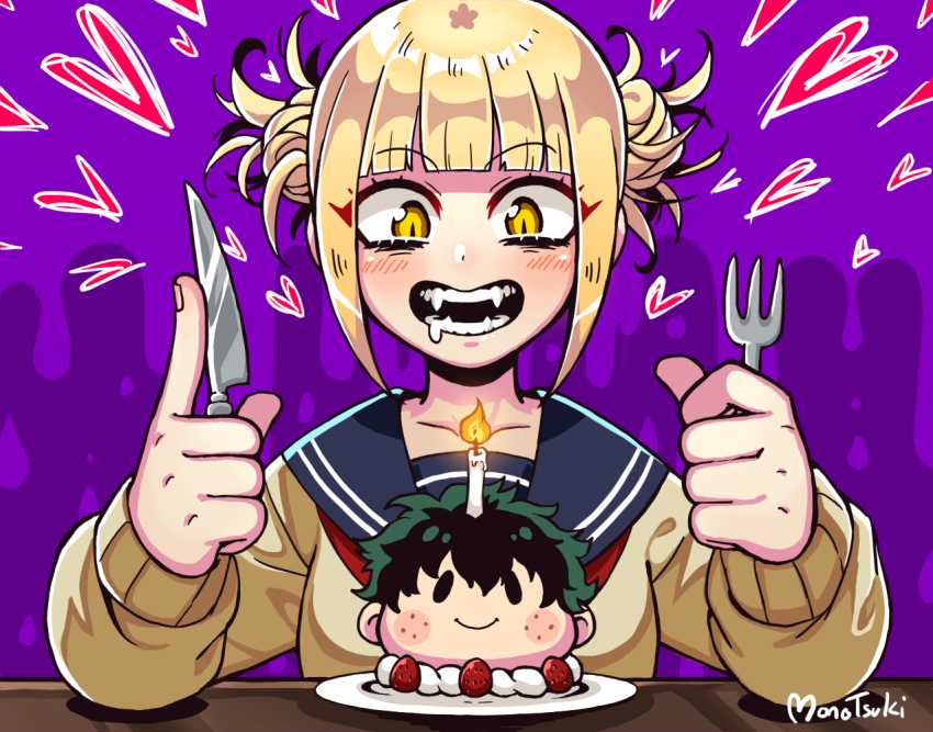 10s 1boy 1girl blonde_hair blunt_bangs blush blush_stickers boku_no_hero_academia cake candle cardigan crazy_smile double_bun drooling fangs food fork freckles green_hair hair_bun heart knife midoriya_izuku monotsuki purple_background sailor_collar school_uniform serafuku short_twintails simple_background slit_pupils smile teeth toga_himiko twintails yellow_eyes