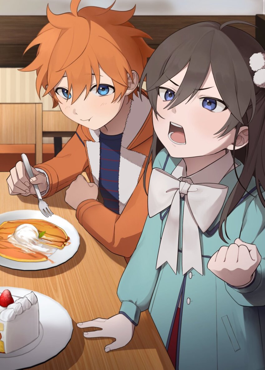 2boys akehoshi_subaru aqua_jacket arm_on_table bbahot black_hair blue_eyes blue_shirt bow clenched_hand closed_mouth crossdressing eating ensemble_stars! food fork hair_between_eyes hidaka_hokuto highres holding holding_fork jacket korean_commentary long_hair multiple_boys official_alternate_costume open_clothes open_jacket open_mouth orange_hair orange_jacket pancake shirt white_bow