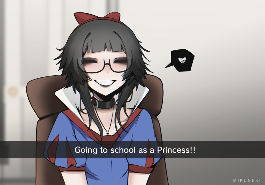 1girl ^_^ absurdres black-framed_eyewear black_choker black_hair blue_shirt choker closed_eyes cosplay eyeshadow glasses grin heart high_collar highres makeup mikuneki original puffy_short_sleeves puffy_sleeves shirt short_sleeves smile snow_white_(disney) snow_white_(disney)_(cosplay) snow_white_and_the_seven_dwarfs solo spoken_heart upper_body