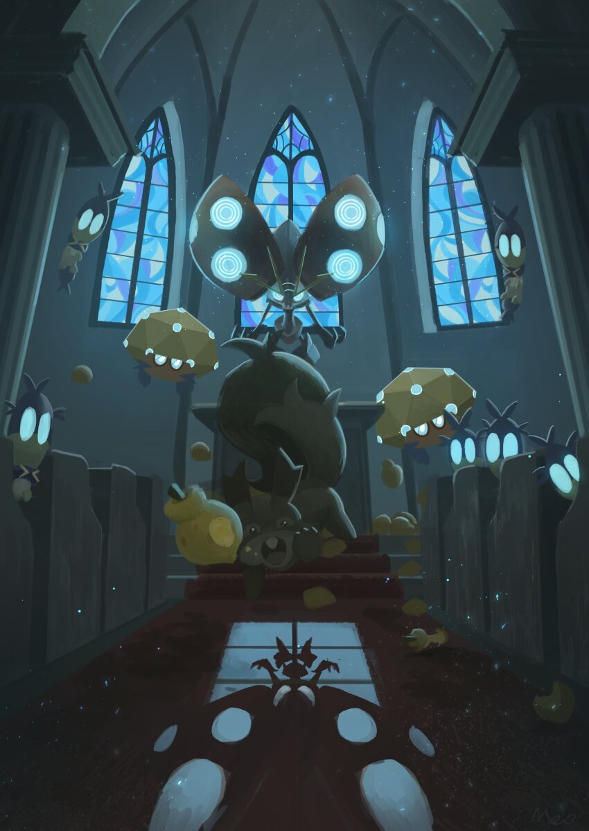 absurdres berry_(pokemon) blipbug commentary_request dottler gen_8_pokemon glowing glowing_eyes greedent highres indoors king_joe_(neoroto) nintendo no_humans open_mouth orbeetle pillar pokemon pokemon_(creature) rug shadow sitrus_berry window
