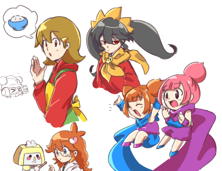 &gt;_&lt; 1boy 5-volt 6+girls 9-volt ana_(warioware) apron arms_up ashley_(warioware) black_hair blue_eyes blue_footwear blue_scarf blush_stickers braid brown_eyes brown_hair closed_eyes closed_mouth cropped_torso doris-1 eyebrows fronk glasses hair_between_eyes hair_ornament hairband hairclip heart heart_hair_ornament highres hood hoodie kat_(warioware) long_hair long_sleeves maid_headdress mother_and_son multiple_girls ninja nintendo open_mouth orange_hair orange_hairband orange_neckwear penny_crygor pink_hair purple_footwear purple_scarf red_eyes red_hoodie robot round_eyewear scarf short_hair siblings sidelocks simple_background sisters smile speech_bubble spoken_food topknot twin_braids twintails warioware white_background yellow_apron