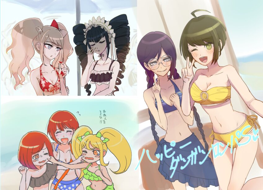 6+girls :d ;d ahoge bare_shoulders bikini black_hair blonde_hair blush blush_stickers bow breasts brown_hair celestia_ludenberg cheek_pull cleavage collarbone cosplay danganronpa:_trigger_happy_havoc danganronpa_(series) danganronpa_2:_goodbye_despair danganronpa_another_episode:_ultra_despair_girls danganronpa_s:_ultimate_summer_camp danganronpa_v3:_killing_harmony drill_hair enoshima_junko enoshima_junko_(cosplay) fukawa_toko glasses grin hair_bow hair_ornament highres ikusaba_mukuro koizumi_mahiru large_breasts long_hair medium_breasts multiple_girls naegi_komaru navel official_alternate_costume one_eye_closed open_mouth purple_hair rabbit_hair_ornament red_bikini red_bow red_hair round_eyewear saionji_hiyoko short_hair small_breasts smile stomach swimsuit translation_request twin_drills twintails white_bow yawning yellow_bow yumeno_himiko zhu_shu