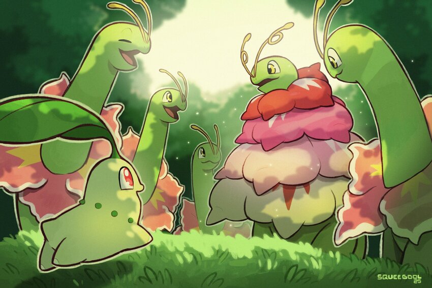 antennae chikorita closed_eyes closed_mouth evolutionary_line flower gen_2_pokemon grass highres leaf mega_meganium mega_pokemon meganium nintendo no_humans open_mouth outdoors pokemon pokemon_(creature) pokemon_focus red_eyes sky smile squeegool tail tree yellow_eyes