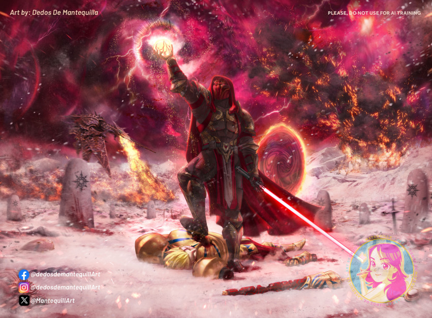 1other 2boys after_battle arm_above_head armor artist_logo artist_name battle_damage battlefield black_armor blonde_hair blood blood_splatter breath_weapon breathing_fire cape chaldea_security_organization chaos_(warhammer) chaos_undivided_(symbol) commentary corpse crossover damaged dedosdemantequilla ea_(fate) energy_sword english_commentary english_text facebook_logo facebook_username fantasy fate/grand_order fate_(series) fire gilgamesh_(fate) gold_armor heldrake_(40k) highres hood hooded_cape injury instagram_logo instagram_username lightning lightsaber logo mask monolith_(object) monster multiple_boys multiple_crossover ornate_armor outdoors pelvic_curtain pink_clouds planted planted_sword planted_weapon portal_(object) purple_clouds red_cape red_eyes red_light red_lightning red_lightsaber rock science_fiction severed_limb sith smoke snow snowing star_wars stepped_on storm storm_cloud sword twitter_logo twitter_username twitter_x_logo warhammer_40k watermark weapon