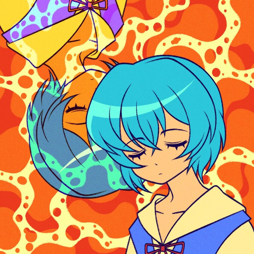 2girls ayanami_rei blue_hair clone closed_eyes closed_mouth collarbone commentary cryptidhermit hair_between_eyes highres lcl long_eyelashes multiple_girls neon_genesis_evangelion red_ribbon ribbon rotational_symmetry school_uniform shirt short_hair upper_body white_shirt