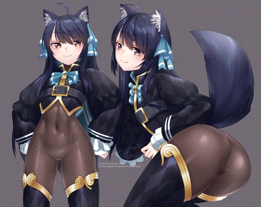 1girl animal_ear_fluff animal_ears argyle_clothes argyle_thighhighs awono_nanaumi black_hair black_shrug black_thighhighs blush bodystocking boots cameltoe closed_mouth commission covered_navel adversarial_noise grey_background hair_ribbon highres multiple_views narrow_waist no_pants red_eyes ribbon shrug_(clothing) sidelocks skeb_commission skin_tight smile svartlilja_(vrchat) tail thigh_boots thighhighs vrchat wide_hips wolf_tail