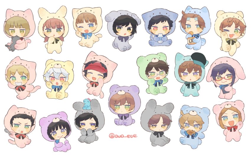 6+boys 6+girls :3 :d ;d amatori_chika animal animal_costume arafune_tetsuji arms_up aua_eoe baseball_cap bear_costume black_hair blonde_hair blue_bow blue_bowtie blue_eyes bottle bow bowtie brown_hair cat cat_costume character_request chibi dog_costume eyewear_on_head food food_on_face full_body glasses green_eyes hat hat_under_hood highres holding holding_bottle holding_food holding_spoon hood hood_up hyuse ikoma_tatsuhito jin_yuuichi kazama_souya kuga_yuuma kusakabe_saki long_hair long_sleeves looking_at_viewer low_twintails midorikawa_shun mikami_kaho mikumo_osamu milk_bottle mole mole_under_eye mouth_hold multicolored_eyes multiple_boys multiple_girls narasaka_touru ninomiya_masataka object_on_head oki_kouji one_eye_closed onesie onigiri open_mouth purple_eyes rabbit_costume red_bow red_bowtie red_eyes red_hair red_headwear running short_hair simple_background sitting smile snack spoon stuffed_dinosaur tokieda_mitsuru tsuji_shinnosuke twintails twitter_username two-tone_eyes usami_shiori visor_cap waving white_background white_hair world_trigger yellow_eyes yuitsuka_karin