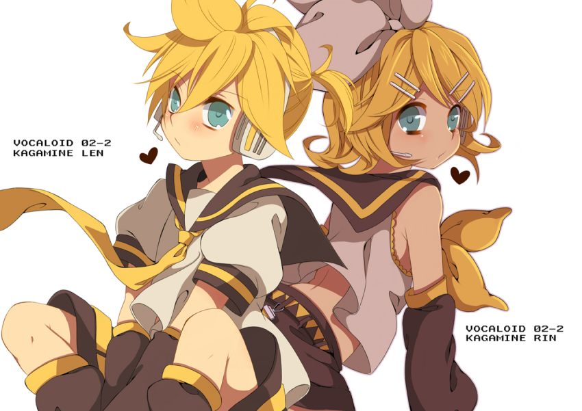 1boy 1girl aqua_eyes blonde_hair blush brother_and_sister hair_ornament hair_ribbon hairclip heart kagamine_len kagamine_rin necktie neko_(natsuiroclassic) ribbon short_hair shorts siblings simple_background twins vocaloid yellow_necktie