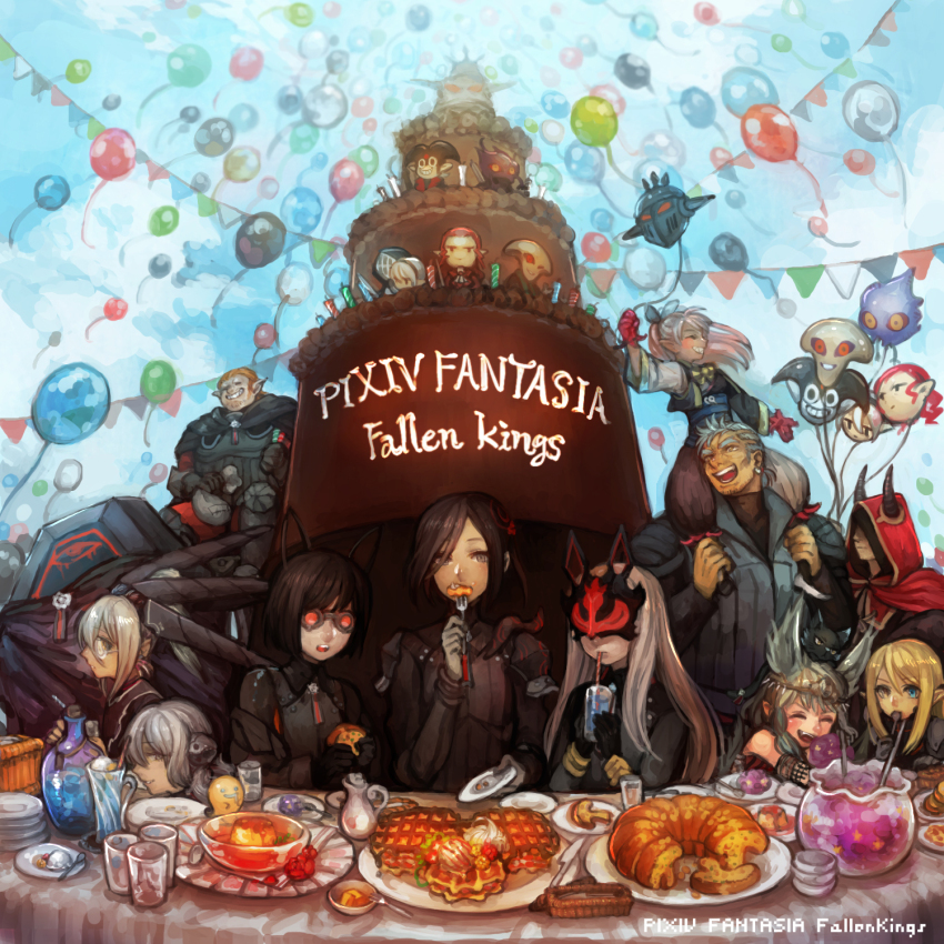 3boys 6+girls akaneko_(redakanekocat) balloon cake carrying character_balloon coffin commentary_request copyright_name disembodied_head drinking drinking_straw drinking_straw_in_mouth eating food food_focus food_on_face goggles grin highres horns_through_hood layer_cake long_hair mask multiple_boys multiple_girls pennant pixiv_fantasia pixiv_fantasia_fallen_kings pointy_ears shoulder_carry smile string_of_flags table very_long_hair