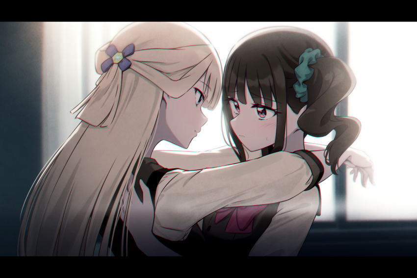 2girls arms_around_neck blonde_hair blue_eyes blush bow bowtie brown_hair chromatic_aberration closed_mouth commentary day hair_ornament hair_scrunchie half_updo highres letterboxed long_hair long_sleeves multiple_girls nekoyashiki_mayu nekoyashiki_yuki nuenue pink_eyes precure red_bow red_bowtie scrunchie side_ponytail smile sweatdrop window wonderful_precure! yuri