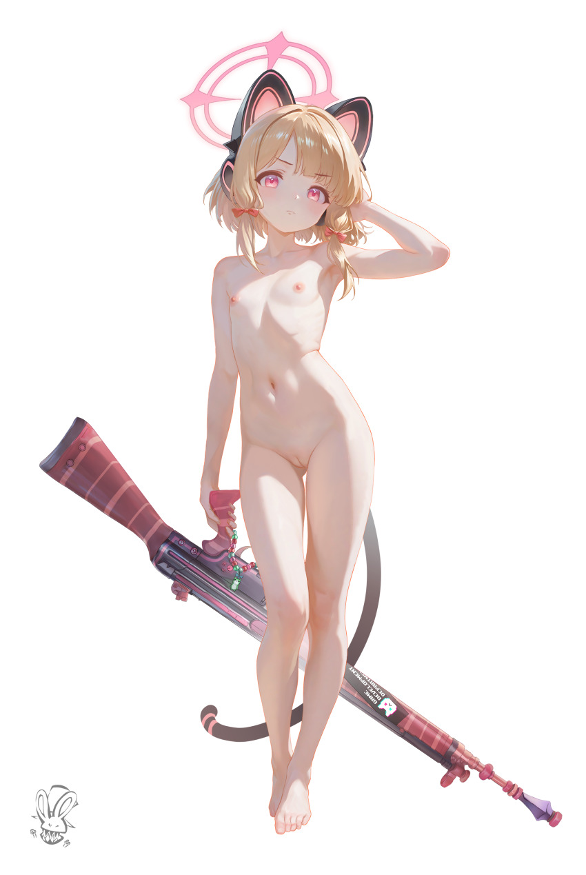 1girl 1llusori absurdres animal_ear_headphones animal_ears artist_logo barefoot battle_rifle blonde_hair blue_archive blush bow cat_ear_headphones cat_ears cat_tail charm_(object) completely_nude dot_nose english_text fake_animal_ears fake_tail flat_chest full_body gun h&amp;k_g3 hair_bow halo headphones highres holding holding_gun holding_weapon light_frown logo loli looking_at_viewer low-tied_sidelocks momoi_(blue_archive) navel nipples nude open_mouth pink_halo pussy red_eyes rifle sidelocks simple_background solo standing tail uncensored weapon white_background