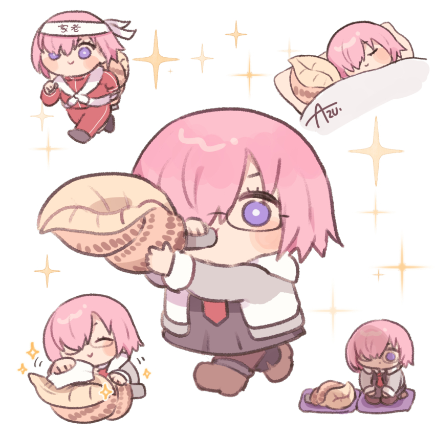 1girl alternate_costume azu_(kirara310) black_dress blowing blush_stickers boots brown_footwear brown_pantyhose chibi cleaning cleaning_rag closed_mouth commentary conch dress fate/grand_order fate_(series) glasses grey_jacket hachimaki hair_over_one_eye headband highres holding holding_shell jacket mash_kyrielight multiple_views necktie pantyhose pillow pink_hair purple_eyes red_necktie red_track_suit running seiza shell short_hair signature simple_background sitting sleeping smile sparkle track_suit translated under_covers white_background white_headband