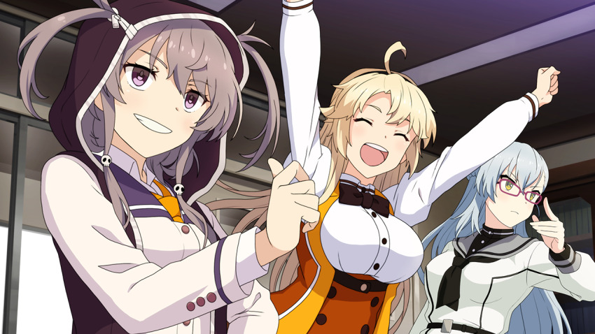 3girls :d ahoge arms_up ayanokouji_martial_arts_school_uniform black_bow black_bowtie black_hairband black_neckerchief blonde_hair blue_hair bow bowtie breasts clenched_hand closed_eyes closed_mouth collared_shirt frown game_cg glasses grey_hair grey_jacket grey_sailor_collar grin hair_between_eyes hair_through_hood hairband hands_up hood hood_up hooded_jacket indoors jacket kitora_mirja kohagura_ellen large_breasts long_hair long_sleeves medium_hair multiple_girls neckerchief necktie non-web_source open_mouth orange_necktie osafune_girls_academy_school_uniform purple_eyes purple_jacket renpu_girls_school_uniform sailor_collar school_uniform shichinosato_kofuki shirt smile teeth toji_no_miko toji_no_miko:_kizamishi_issen_no_tomoshibi v-shaped_eyebrows white_shirt winter_uniform yellow_eyes