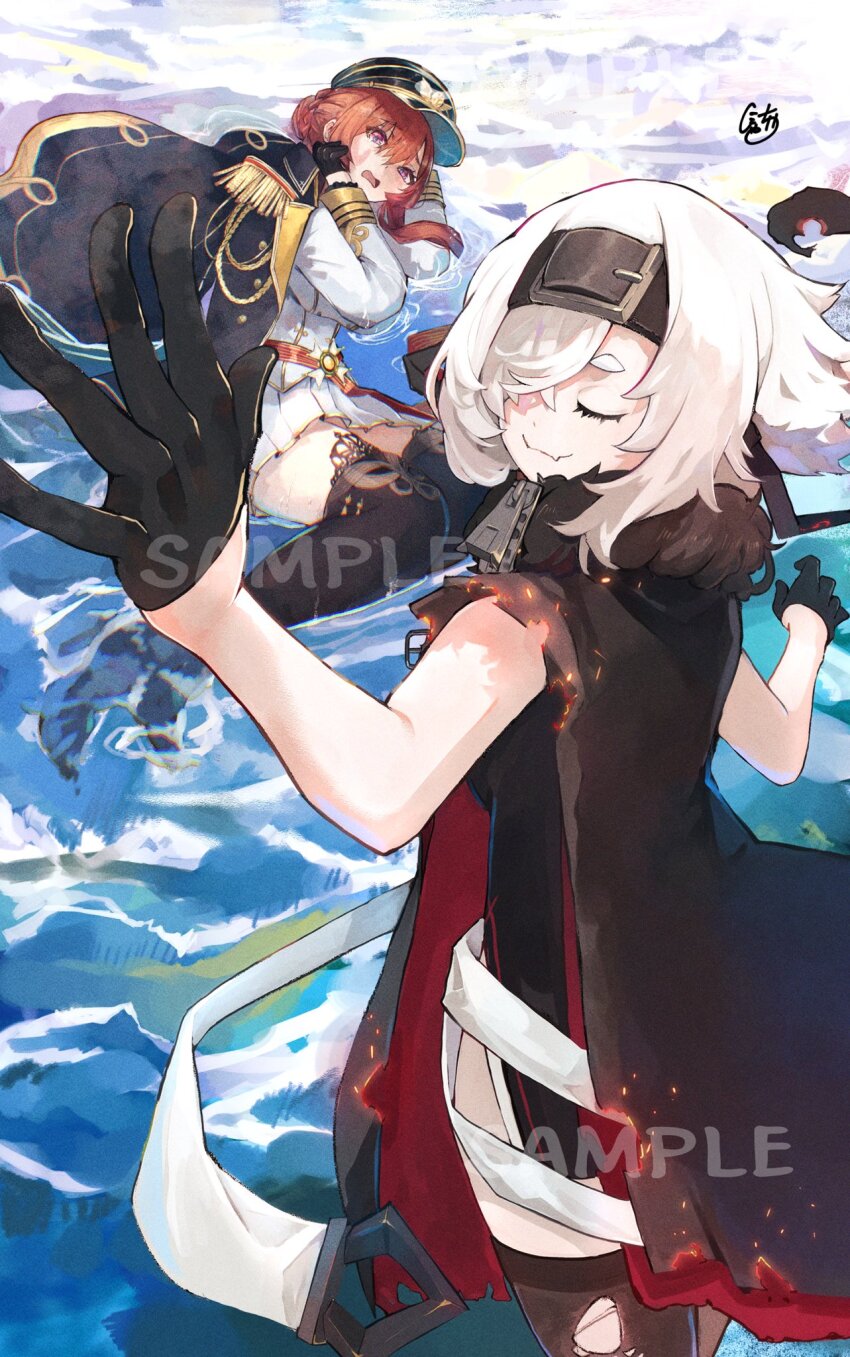 2girls afloat azur_lane black_coat black_gloves black_hairband black_thighhighs bon_homme_richard_(azur_lane) bon_homme_richard_(meta)_(azur_lane) braid burnt_clothes coat commentary commission dress epaulettes fang fur-trimmed_coat fur_trim gloves hair_belt hair_between_eyes hair_bun hair_over_one_eye hairband half_gloves hat highres meme monarch_(azur_lane) multiple_girls nyucha open_mouth peaked_cap purple_eyes red_hair short_hair signature single_hair_bun skeb_commission skin_fang skirt slap_of_god_(meme) smile thighhighs thighs torn_clothes torn_coat torn_thighhighs water watermark white_hair