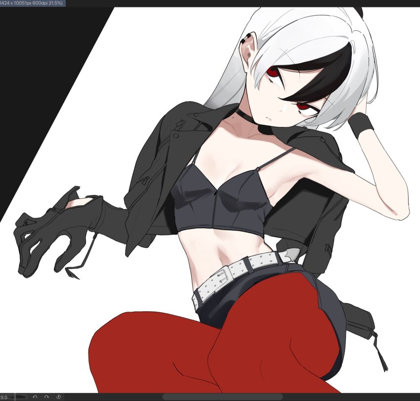 1girl armpits art_program_in_frame belt black_choker black_gloves black_hair black_jacket black_skirt black_tank_top blue_archive breasts choker cleavage closed_mouth collarbone ear_piercing fataaa gloves grey_hair hair_between_eyes highres jacket kayoko_(blue_archive) long_hair long_sleeves looking_at_viewer midriff mole mole_on_neck navel pantyhose piercing puffy_long_sleeves puffy_sleeves red_eyes red_pantyhose skirt small_breasts solo tank_top white_belt wristband