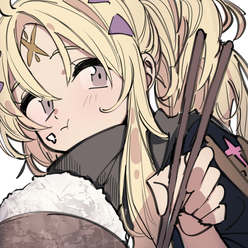 1girl blonde_hair bowl chopsticks duel_monster ecclesia_(yu-gi-oh!) facial_mark food food_on_face forehead_mark grey_eyes highres holding holding_chopsticks incredible_ecclesia_the_virtuous rice rice_bowl rice_on_face tetuw white_background yu-gi-oh!