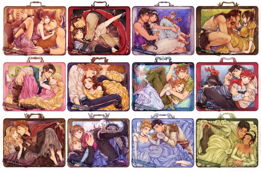 6+boys 6+girls abu_(aladdin) aladdin_(disney) aladdin_(movie) anna_(frozen) ariel_(disney) aurora_(disney) beast_(disney) beauty_and_the_beast belle_(disney) black_hair blonde_hair blue_eyes box brown_hair cinderella cinderella_(disney) couple dark-skinned_female dark-skinned_male dark_skin disney dress eric_(disney) fa_mulan_(disney) flower frozen_(disney) hercules_(disney) hetero highres in_box in_container jane_porter jasmine_(disney) long_hair makeup megara_(disney) mizala mulan_(movie) multiple_boys multiple_girls peter_pan_(character) ponytail prince prince_charming_(disney) prince_naveen purple_eyes rapunzel_(disney) sebastian_(disney) sleeping_beauty smile suitcase tangled tarzan tarzan_(disney) the_little_mermaid_(disney) the_princess_and_the_frog tiana_(the_princess_and_the_frog) very_long_hair walt_disney&#039;s_peter_pan wendy_darling