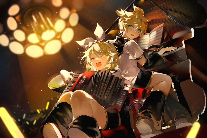 1boy 1girl aqua_eyes back-to-back black_sailor_collar blonde_hair blush candelabra candlestand chinese_commentary closed_eyes commentary concert detached_sleeves glowstick hairband hairpin happy headphones highres instrument kagamine_len kagamine_rin looking_at_viewer multiple_hairpins music nail_polish on_floor open_mouth piano playing_instrument playing_piano ribbon sailor_collar sheet_music short_hair shu_(pjxv7485) sidelighting sitting smile stage_lights vocaloid white_ribbon