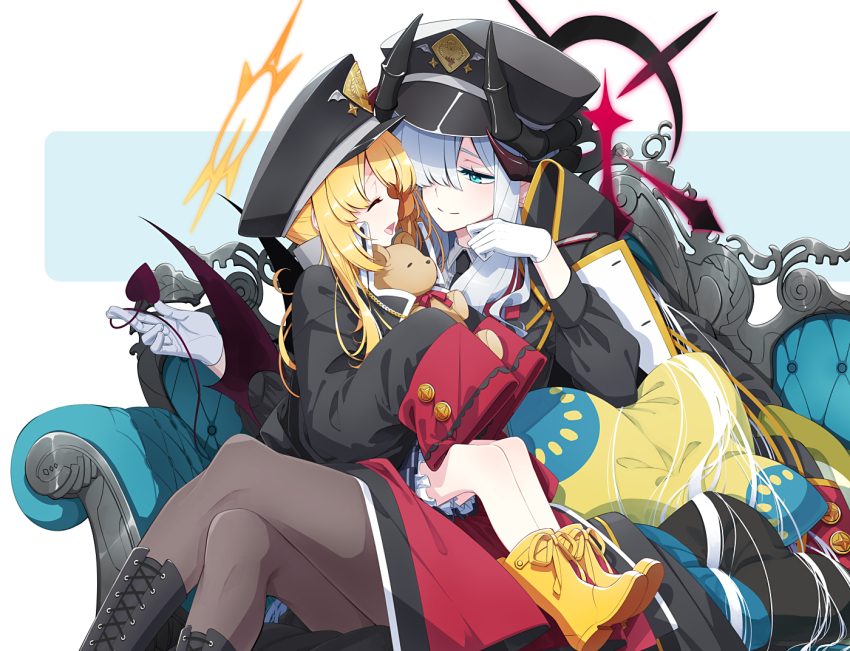 2girls black_coat black_headwear black_horns black_pantyhose blonde_hair blue_archive blue_eyes blush closed_mouth coat demon_horns gloves grey_hair hair_over_one_eye halo hat horns ibuki_(blue_archive) long_hair long_sleeves makoto_(blue_archive) multiple_girls open_mouth pantyhose peaked_cap pointy_ears red_halo sakuraba_yuuki sleeves_past_fingers sleeves_past_wrists smile white_gloves yellow_halo