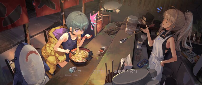 2girls ^^^ akefumi apron bare_arms bare_shoulders black_choker black_shirt blue_one-piece_swimsuit bowl breasts choker chopsticks closed_eyes collarbone commentary_request covered_navel eating food food_in_mouth gauze_on_arm green_hair grey_hair hand_on_own_hip highres holding holding_chopsticks holding_spoon jacket long_hair multiple_girls name_tag noodles one-piece_swimsuit open_mouth original pink_eyes ponytail ramen school_swimsuit shirt short_hair sitting sleeveless sleeveless_shirt small_breasts smile spoon stuffed_animal stuffed_shark stuffed_toy swimsuit turtleneck turtleneck_shirt white_apron yellow_jacket