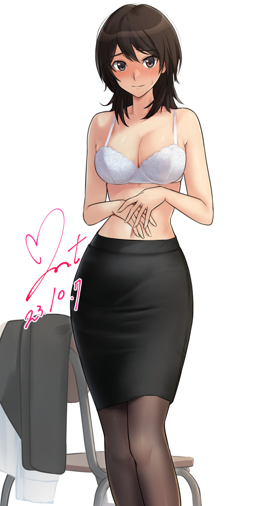 1girl absurdres amagami bare_shoulders blush bra breasts brown_eyes brown_hair brown_pantyhose chair cleavage closed_mouth collarbone commission dated highres indoors jacket looking_at_viewer medium_breasts medium_hair navel own_hands_together pantyhose pencil_skirt pixiv_commission school_chair signature simple_background skirt solo standing sweatdrop takahashi_maya teacher underwear unworn_jacket white_background white_bra yoo_tenchi