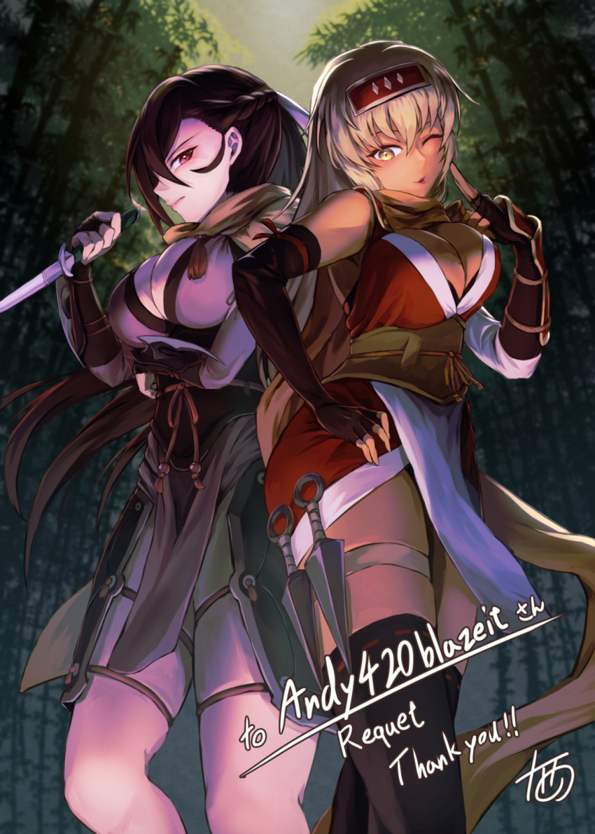 2girls blonde_hair breasts brown_hair cleavage dagger dark-skinned_female dark_skin fire_emblem fire_emblem:_the_binding_blade fire_emblem_fates fire_emblem_heroes hair_over_one_eye headband highres holding holding_dagger holding_knife holding_weapon igrene_(fire_emblem) igrene_(ninja)_(fire_emblem) juunishi_aya kagero_(fire_emblem) knife large_breasts looking_at_viewer multiple_girls ninja nintendo official_alternate_costume one_eye_closed red_eyes thighhighs weapon zettai_ryouiki