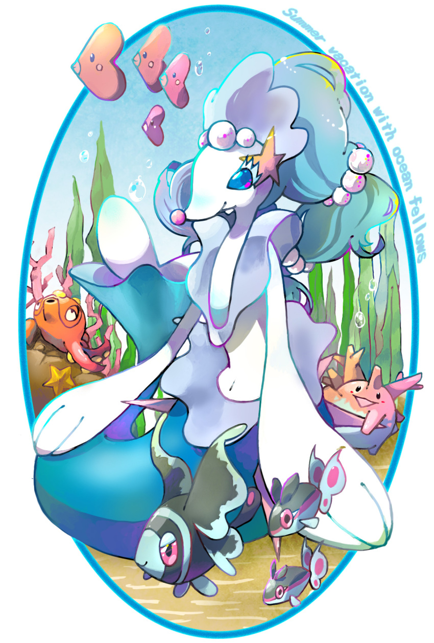 air_bubble blue_eyes blue_hair border bubble corsola english_text finneon fish gen_2_pokemon gen_3_pokemon gen_4_pokemon gen_7_pokemon highres lumineon luvdisc navel nintendo no_humans octillery pokemon pokemon_(creature) primarina round_border satotsu seaweed smile starfish triangle_mouth white_border