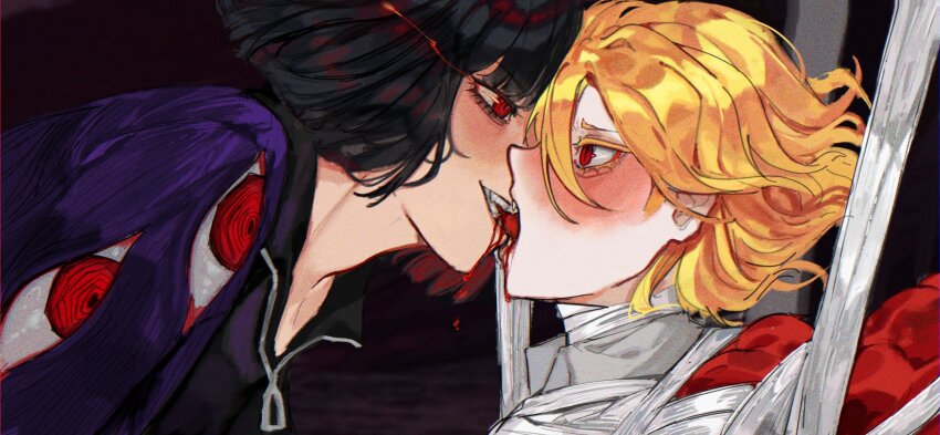bdsm biting biting_another&#039;s_tongue black_hair black_jacket blonde_hair blood bob_cut bondage bound coat collared_shirt commentary don_quixote_(project_moon) e.g.o_(project_moon) english_commentary fangs feather_boa highres jacket kiss limbus_company mircalladesire open_mouth project_moon purple_coat red_eyes red_eyes_(e.g.o) ryoshu_(project_moon) sancho_(project_moon) shirt short_hair silk spider_web tongue tongue_out wavy_hair white_shirt yuri