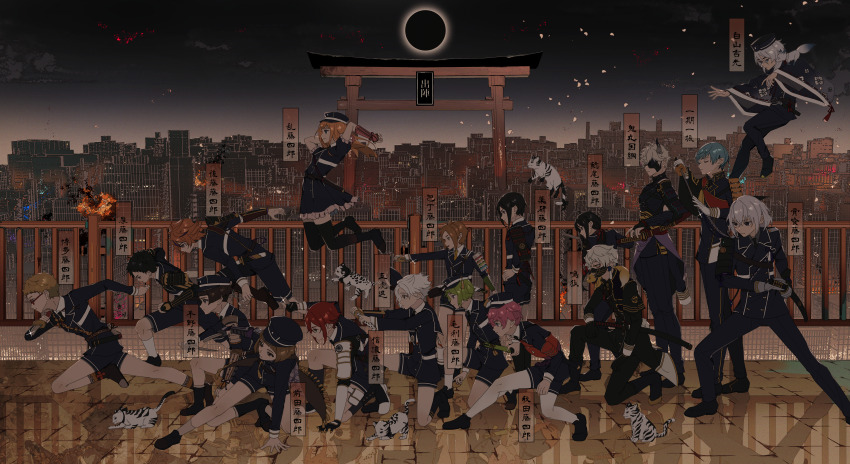 6+boys absurdres akita_toushirou animal animal_on_shoulder arm_guards armband armor atsushi_toushirou black_footwear black_gloves black_hair black_headwear black_jacket black_necktie black_pants black_socks black_thighhighs blue_hair blue_headwear blue_jacket blue_pants blue_skirt blue_socks bob_cut bowl_cut brown_hair building character_name charging_forward city closed_eyes commentary eclipse explosion facing_ahead fighting_stance floating floral_print fox from_side glasses glint gloves gokotai gokotai&#039;s_tigers gotou_toushirou green_hair grey_gloves grey_hair grey_sky grey_socks hakata_toushirou hakusan_yoshimitsu hakusan_yoshimitsu&#039;s_fox hand_on_own_hip hat highres hirano_toushirou honebami_toushirou horns houchou_toushirou ichigo_hitofuri jacket japanese_armor jumping kneehighs kote long_hair maeda_toushirou mask midair midare_toushirou mouri_toushirou mouth_mask multiple_boys namazuo_toushirou necktie on_one_knee orange_hair outdoors outstretched_arm outstretched_arms pants pavement pouch profile railing ready_to_draw red_hair reflective_floor running sash shinano_toushirou shoes short_sleeves short_sword shoulder_armor single_horn skirt skirt_set sky skyscraper socks sode standing stretching sword thigh_pouch thighhighs tiger tiger_cub torii torinodesu4 touken_ranbu trap unsheathed weapon white_hair white_tiger wide_sleeves yagen_toushirou zettai_ryouiki