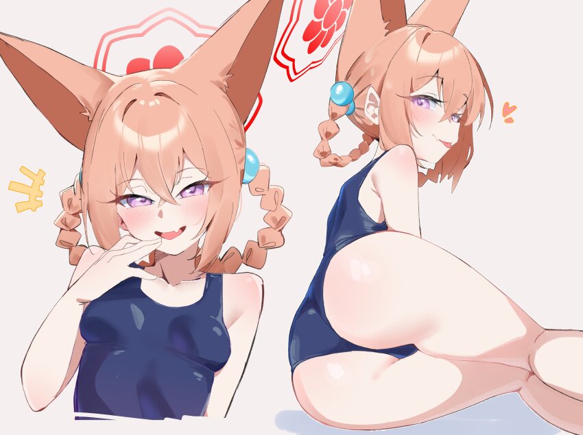 1girl :p absurdres alternate_costume animal_ears ass bare_arms bare_legs bare_shoulders blue_archive blue_one-piece_swimsuit blush braid braided_hair_rings breasts closed_mouth collarbone crossed_bangs fang feet_out_of_frame fox_ears from_behind gen_(unzzenasd) grey_background hair_between_eyes hair_bobbles hair_ornament hair_rings half-closed_eyes halo hand_up heart highres loli looking_at_viewer lying multiple_views notice_lines on_side one-piece_swimsuit open_mouth orange_hair purple_eyes red_halo rumi_(blue_archive) rumi_(small)_(blue_archive) school_swimsuit simple_background skin_fang small_breasts smile smug solo swimsuit thighhighs thighs tongue tongue_out
